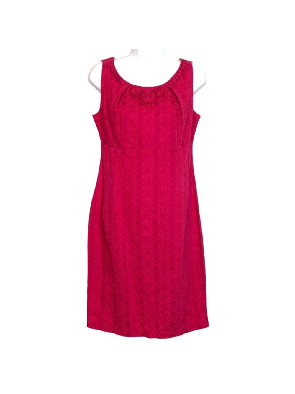 Signature by Sangria Hot Pink Jacquard Rosette Sleeveless Sheath Dress Size 8